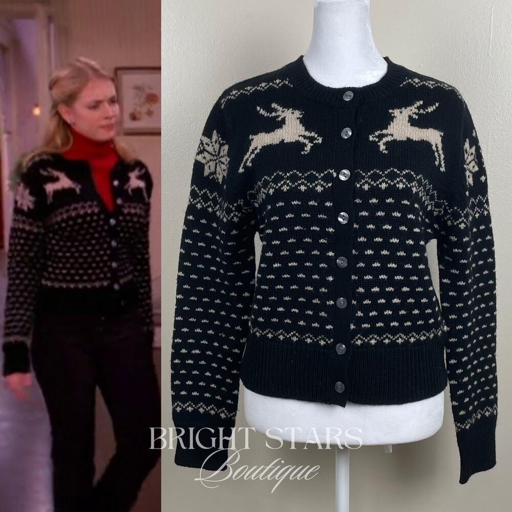 Rare Reindeer Cardigan ASO Sabrina The Teenage Witch Black Cream Vintage Holiday